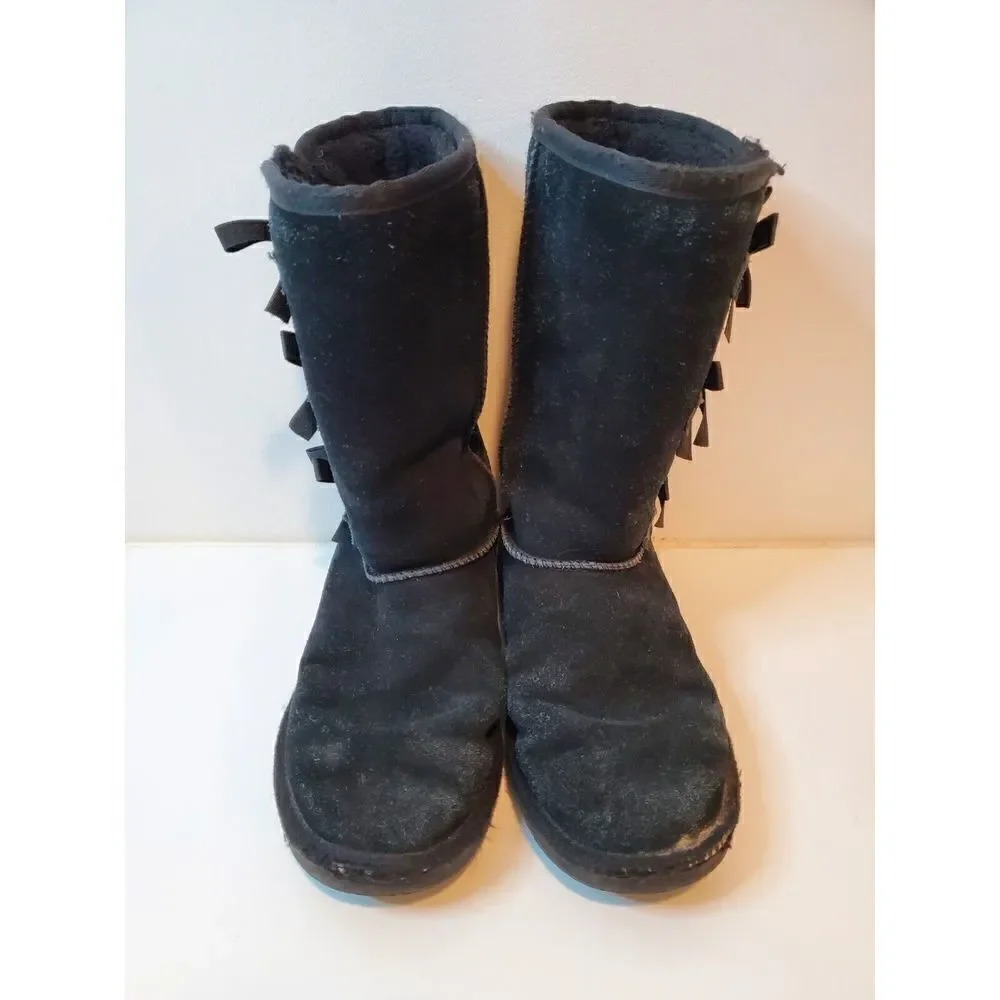 Koolaburra By Ugg Victoria Tall Boots Size 4 Youth Black Sheepskin Bows 1020171